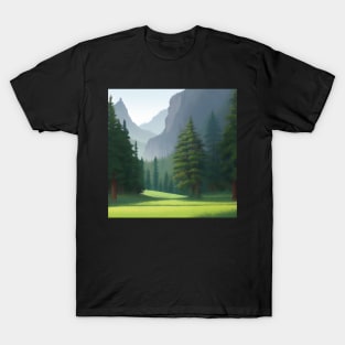 A painting of a forest with mountains in the background T-Shirt